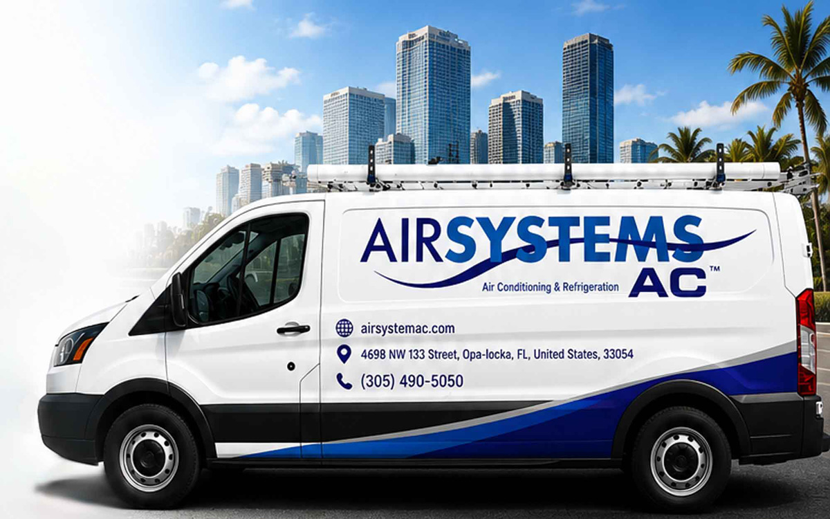 AIR SYSTEMS A/C service van in front of the Miami skyline
