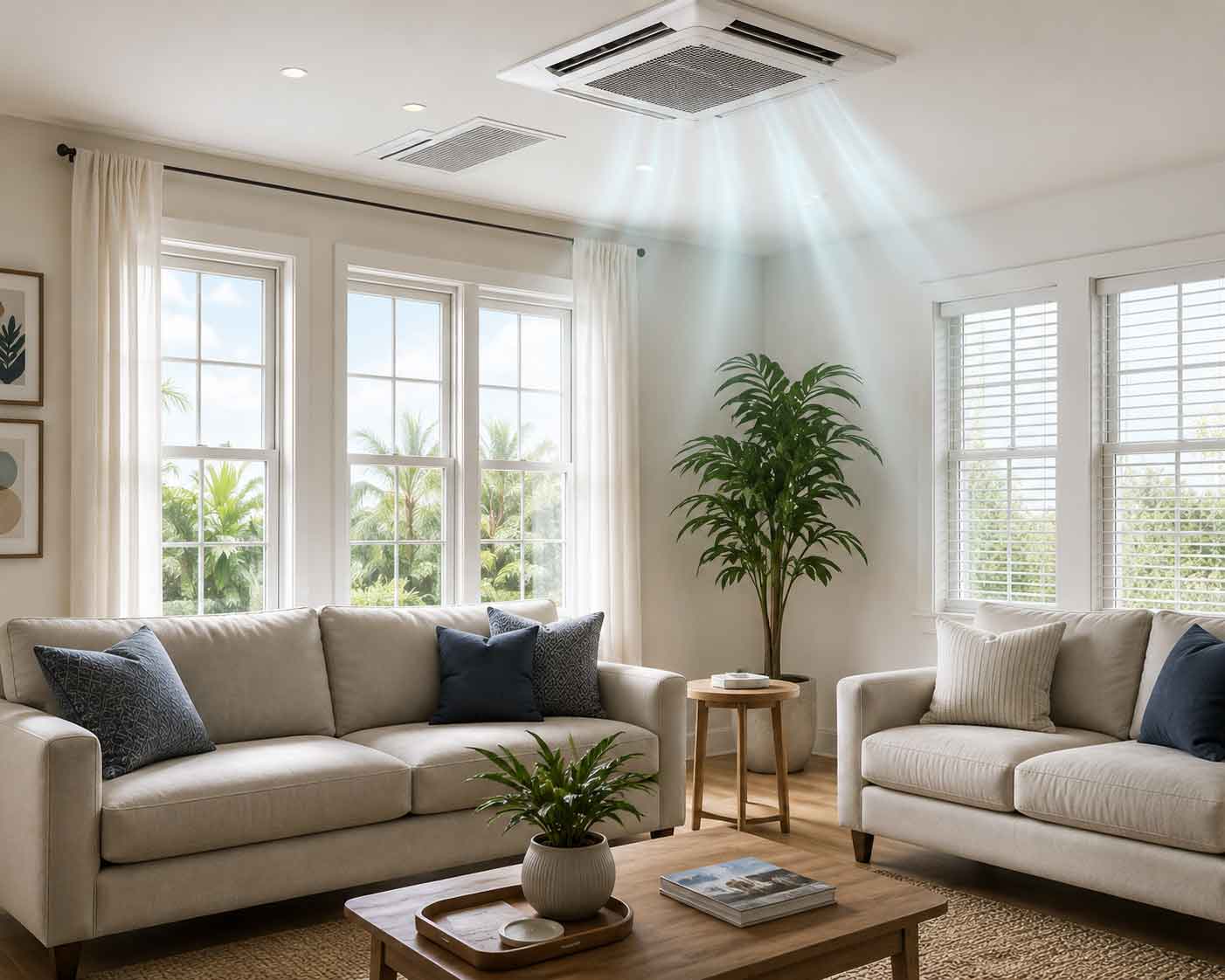 Clean, comfortable living room with ceiling air vent