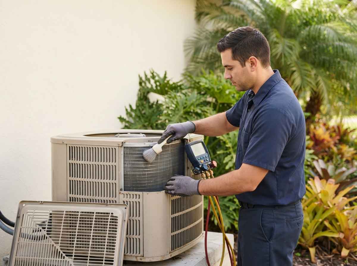 Technician cleaning an air conditioning coil during a tune-up